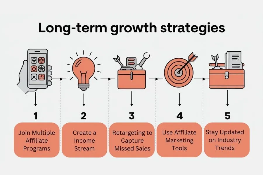 Scaling and Long-Term Growth Strategies
1. Join Multiple Affiliate Programs
2. Create a Diverse Income Stream
3. Use Retargeting to Capture Missed Sales
4. Invest in Affiliate Marketing Tools
5. Stay Updated on Industry Trends
Affiliate Marketing Strategies