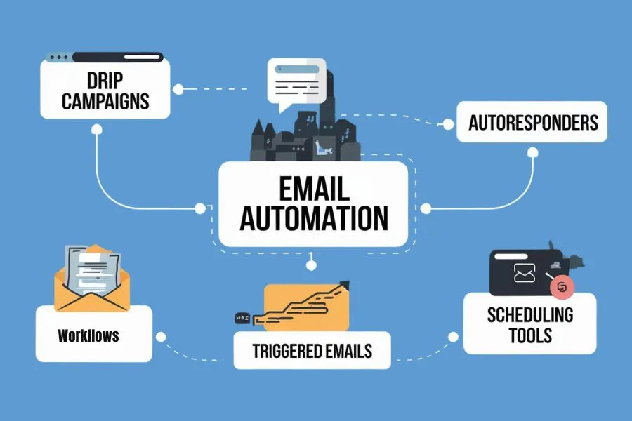 Email Automation, Drip campaigns, autoresponders, workflows, triggered emails, scheduling tools