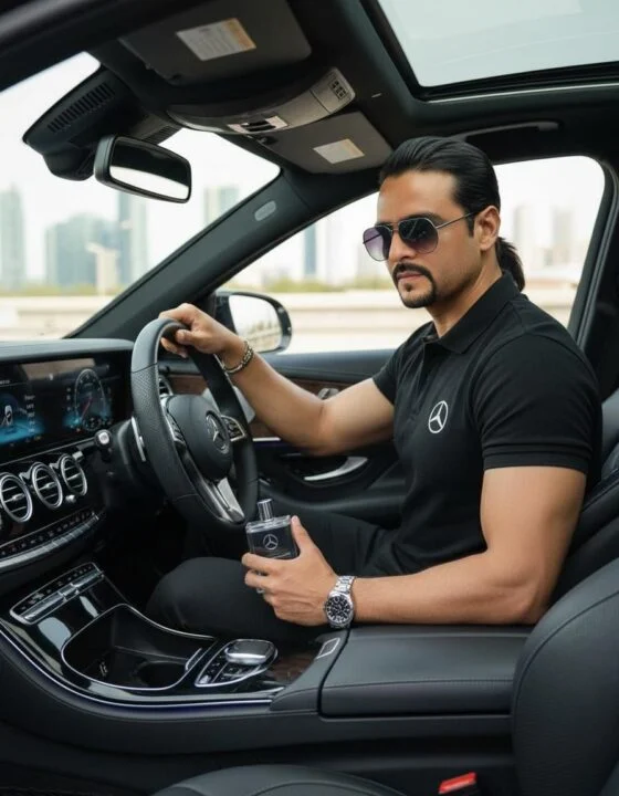 Ahmed Afridi seated in a vehicle wearing a black polo shirt