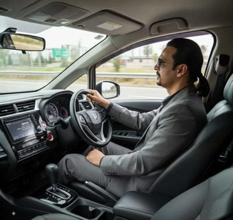 Ahmed Afridi in the driver's seat wearing a grey blazer