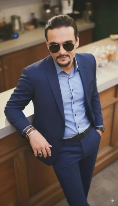 Ahmed Afridi in a navy suit and sunglasses