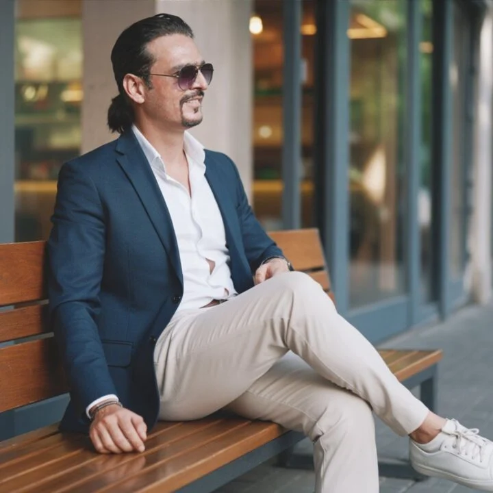 Ahmed Afridi seated outdoors in a navy blazer